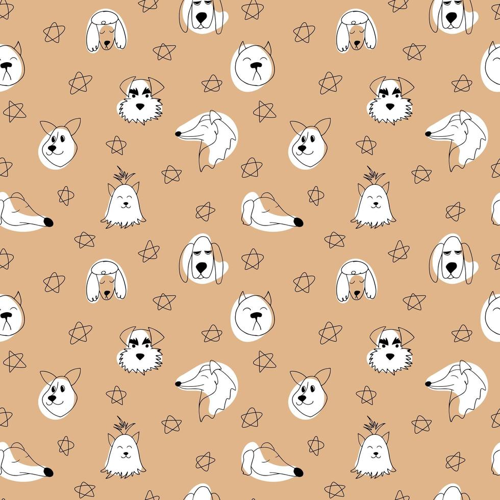 Vector seamless pattern with outline dogs of different breeds. Doodle cartoon illustration of pets on a beige background