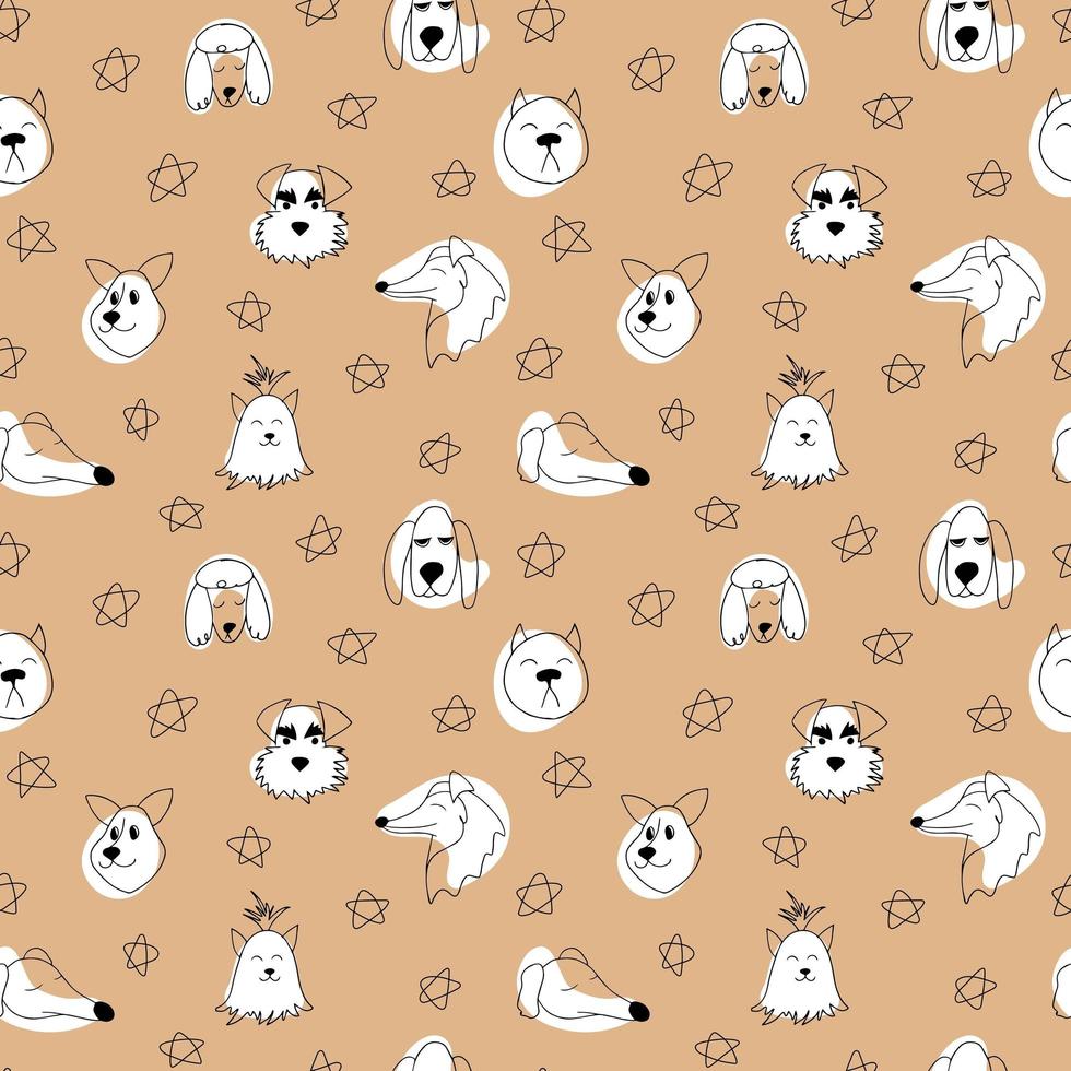 Vector seamless pattern with outline dogs of different breeds. Doodle cartoon illustration of pets on a beige background