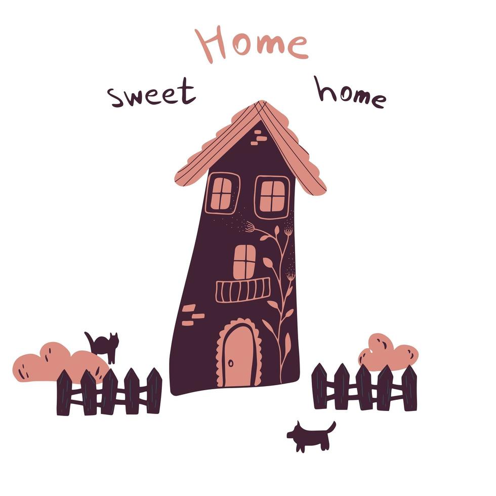 Vector illustration of house with fence, bushes, cat and dog in cartoon flat childish style. Hand drawn lettering home sweet home