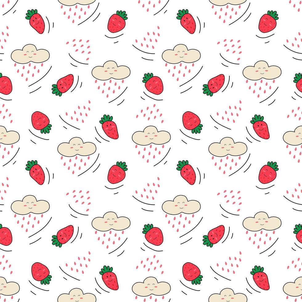 Vector seamless pattern with strawberry and rainy cloud in cartoon flat doodle style. Hand drawn fresh berry. Colorful doodle wallpaper in pink and beige. Childish print