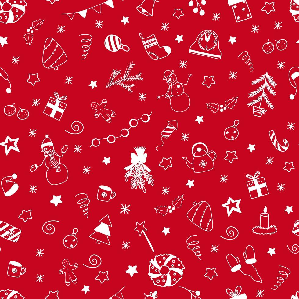 Vector christmas and new year seamless pattern with white doodles elements on red background. Cute cartoon snowman, garland, gift box, candle, sweets, Christmas tree, fir branch, wreath, snowflakes