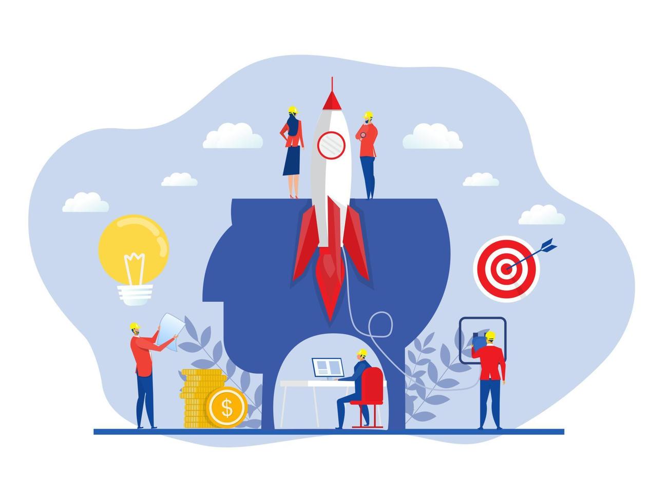 Business project startup process, idea through planning and strategy, team developers. a startup in the form of a rocket and management teamwork development. Vector illustration