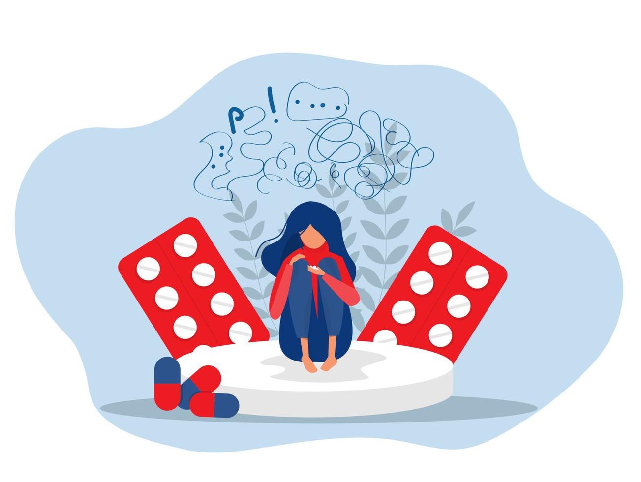 mujer con ansiedad por problemas de salud sentada en una pastilla grande rodeada de drogas. estrés mental pánico trastorno mental ilustración ilustración vectorial plana. vector