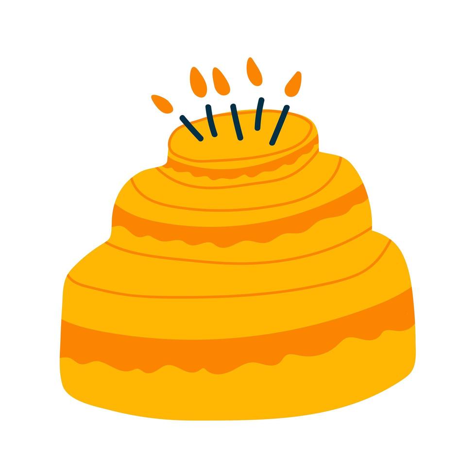 Vector illustration of birthday cake in cartoon flat childish style. Three-tiered cake with candles