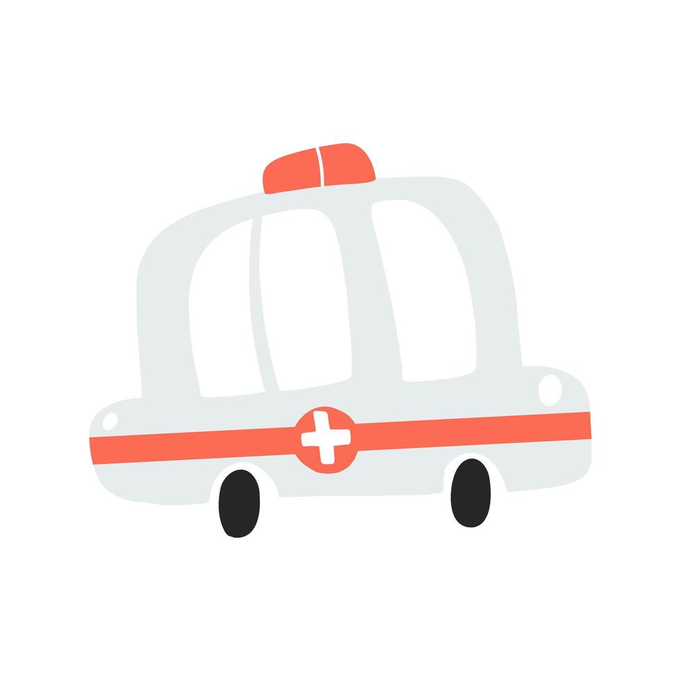 Ambulance car isolated on white background in cartoon hand drawn style. Childish transport icon for nursery, baby apparel, textile and product design, wallpaper, wrapping paper, card, scrapbooking vector