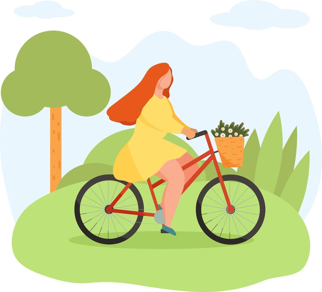 Girl riding bike with basket full of flowers in summer landscape. Spring outdoor activity vector concept with cycling bicycle. Sport, healthy lifestyle