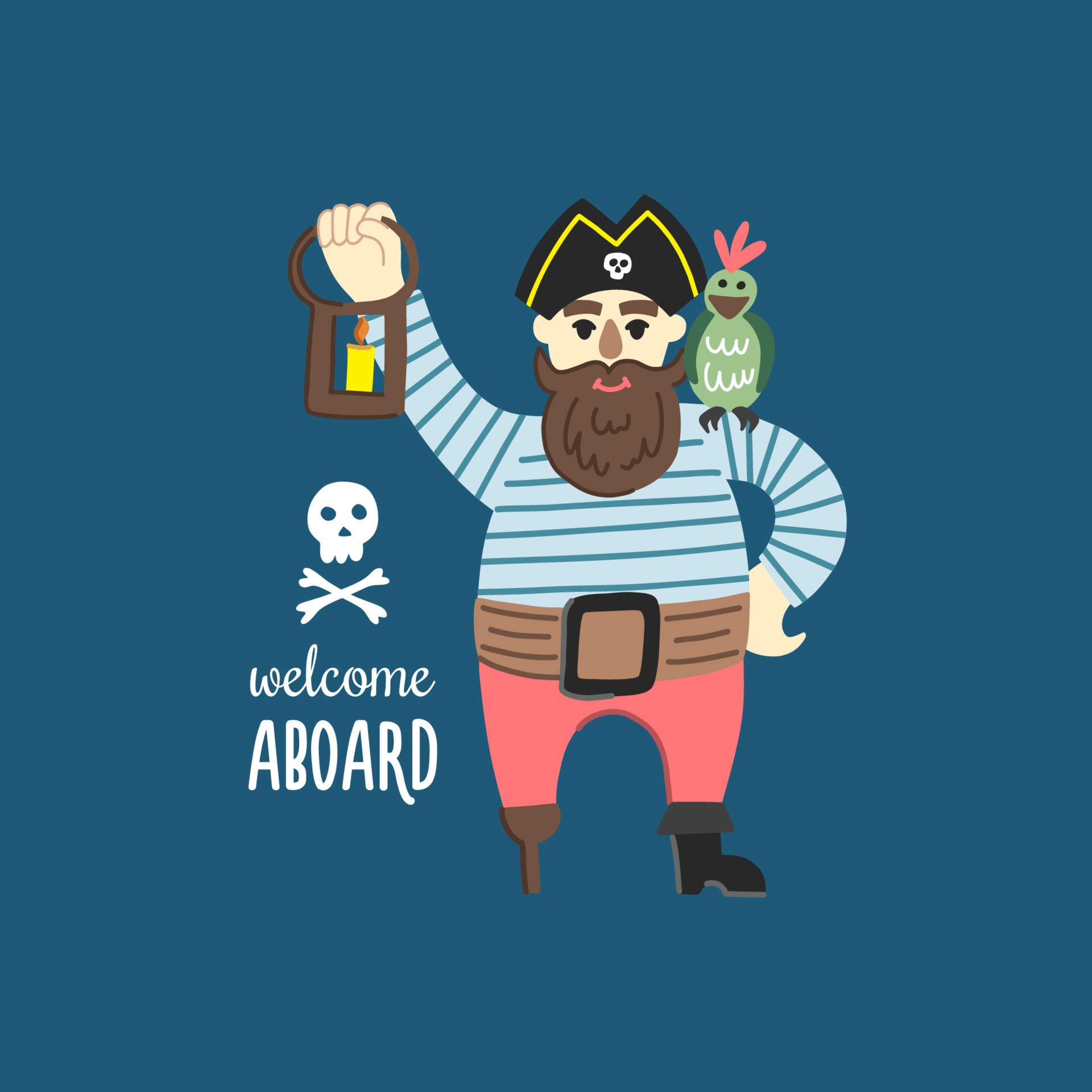 un dibujo infantil de un pirata con un loro en el hombro y una linterna en  las manos. un capitán amable y dulce con una muleta, un chaleco y una barba  larga