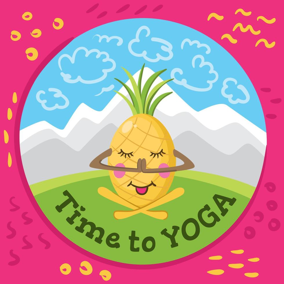 Square poster with the image of a cartoon pineapple. Time to yoga. the pineapple sits in the Lotus posture and doing yoga. vector