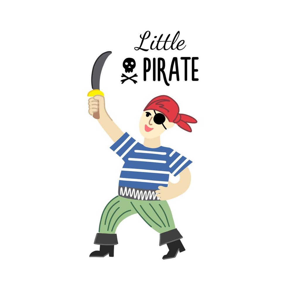 un niño valiente con un sable disfrazado de pirata, botas, un pañuelo y un chaleco de camiseta. invitación a una fiesta para pequeños piratas vector