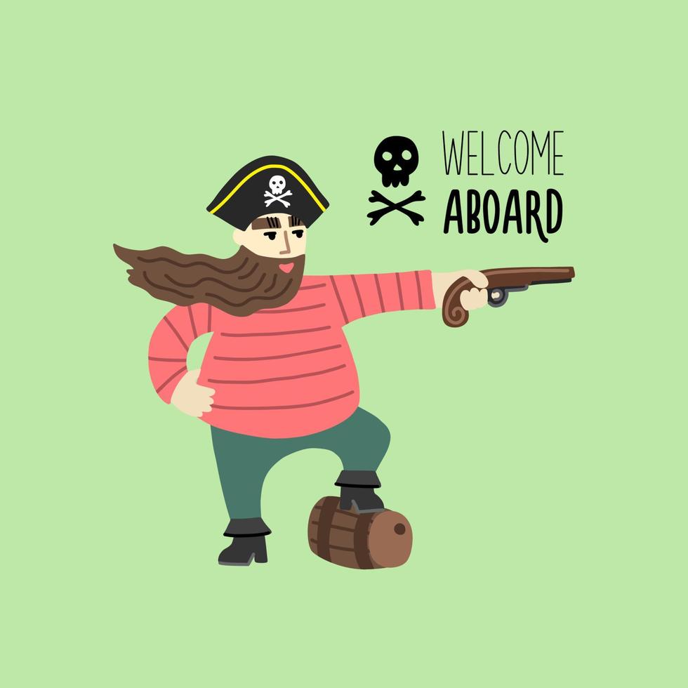 una imagen de un pirata de dibujos animados con una barba larga y un chaleco. el ladrón sostiene un revólver en sus manos y se para sobre un barril de madera. Bienvenido a bordo vector