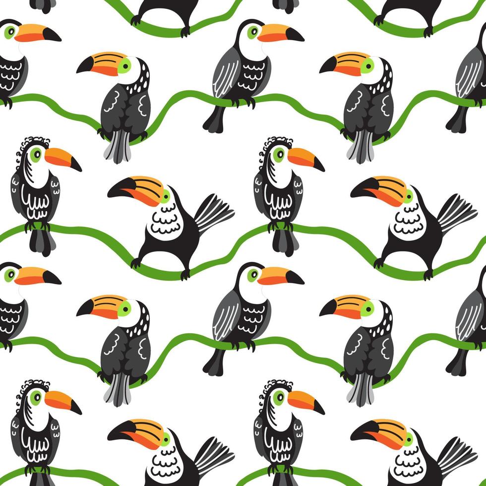Four toucans sitting on the branches. Tropical seamless pattern with exotic birds on white background. vector