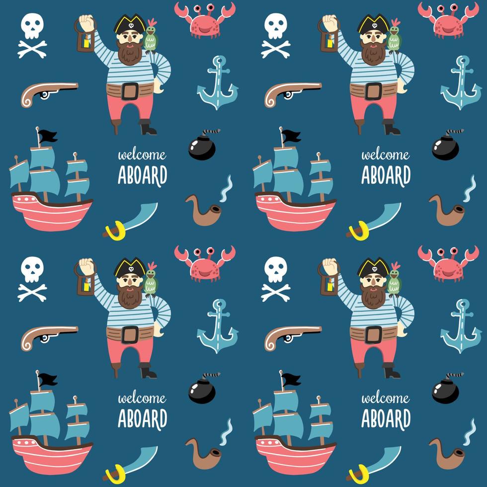 patrón sin costuras para niños en un estilo náutico con piratas, un barco, un revólver, una calavera, una pipa humeante vector