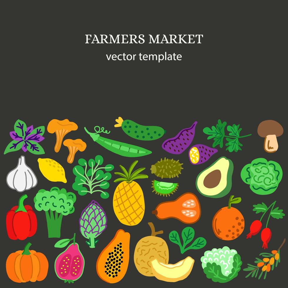 cartel publicitario con verduras y frutas naturales. plantilla de vector plano con alimentos orgánicos con fondo oscuro