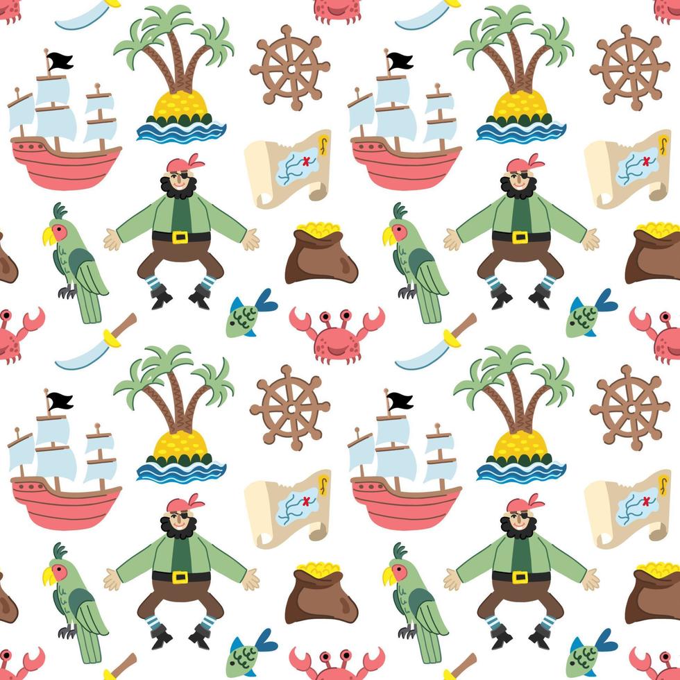 Children's seamless pattern in a nautical style with pirates, a ship, an uninhabited island, a parrot, a map and treasures vector