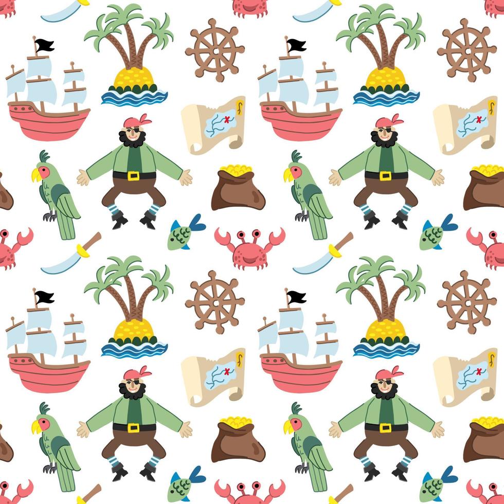 Children's seamless pattern in a nautical style with pirates, a ship, an uninhabited island, a parrot, a map and treasures vector