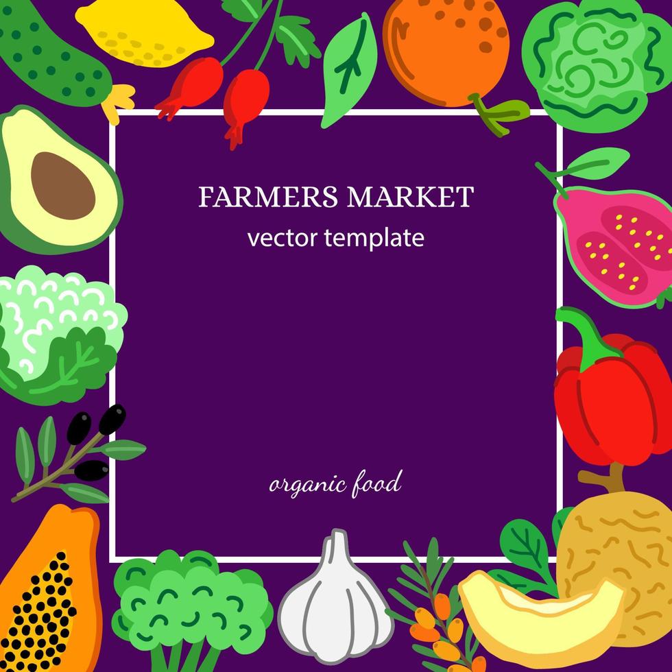 Vector flat illustration for the harvest festival. Promo template with a place for text with vegetables and fruits in the farmer's market