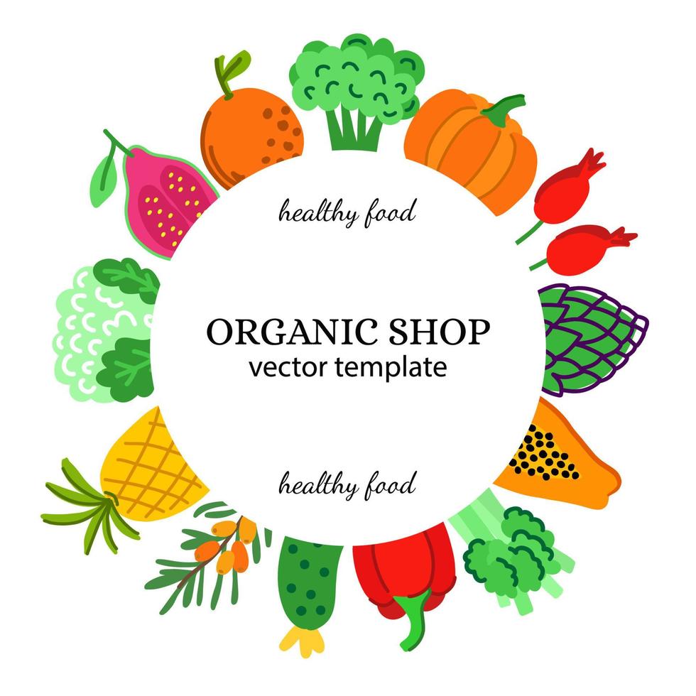 A circle banner with an image of vegetables and fruits for an organic food store. Flat vector template