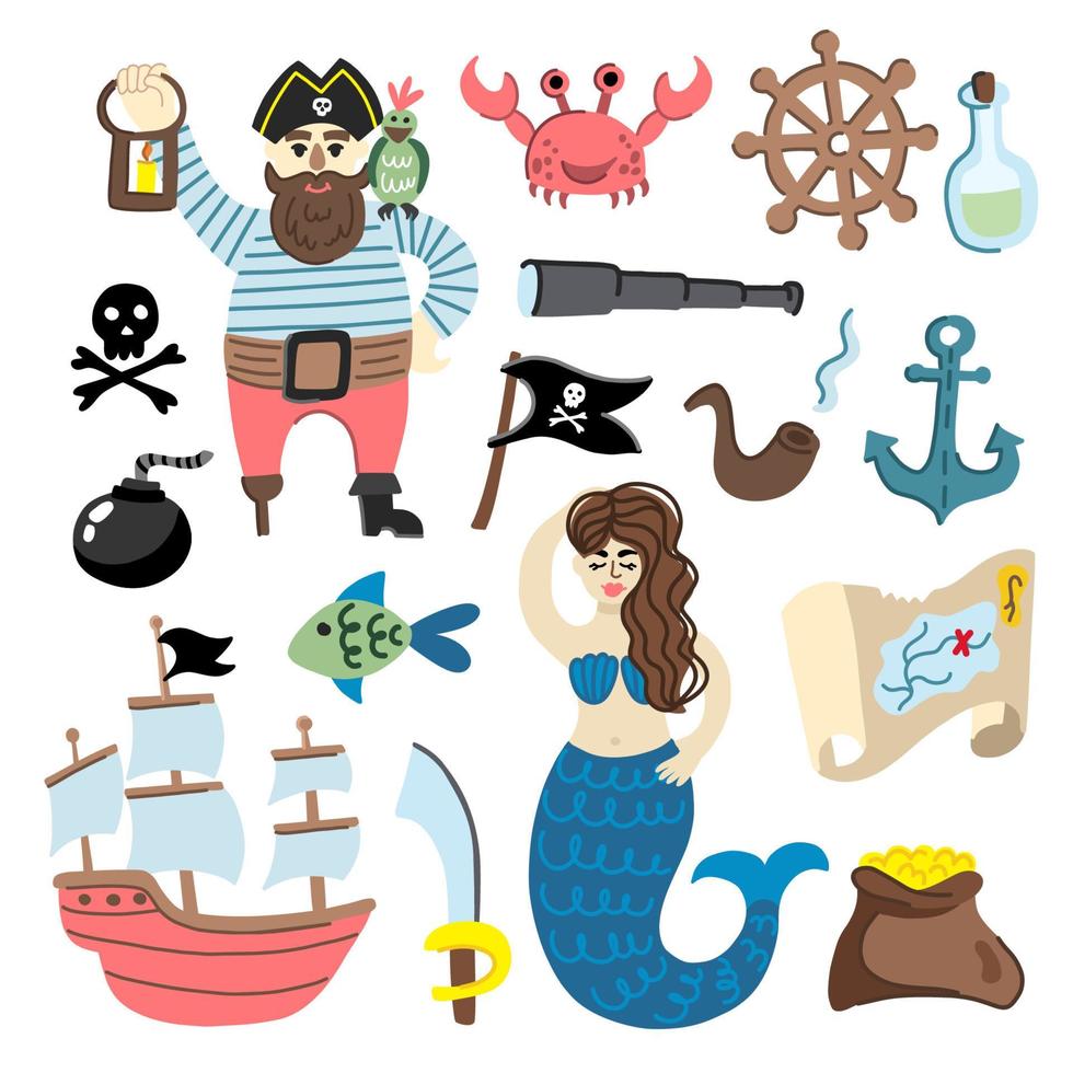 Children's collection on the theme of pirates and adventures with a pirate, a mermaid, a ship and sea animals vector