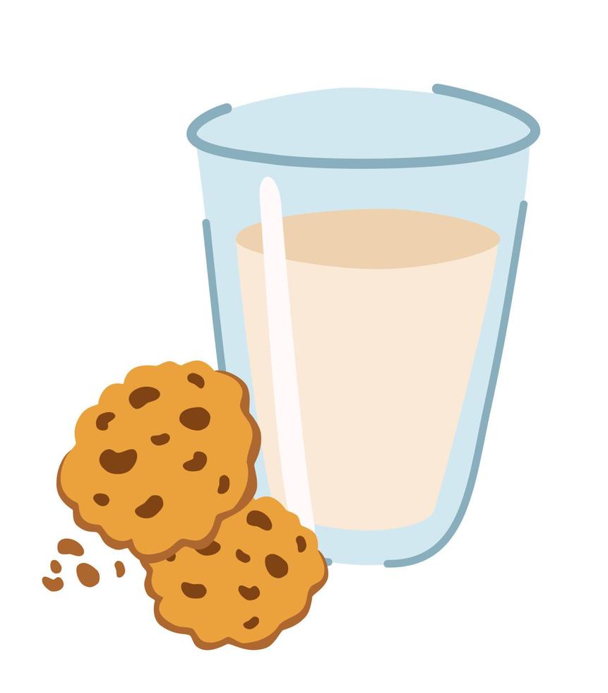 galletas con leche. vaso de leche y dos galletas de avena con chispas de chocolate. desayuno, merienda o cena saludable. ilustración de dibujos animados de vector aislado en el fondo blanco.