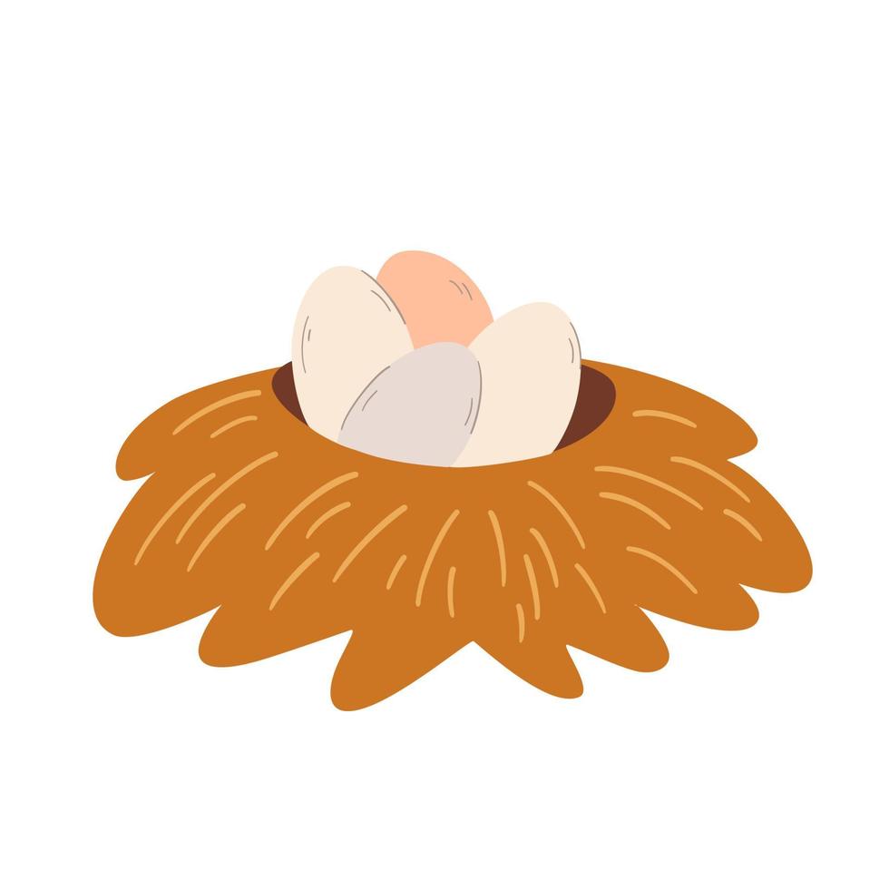 Nest with eggs. Cartoon funny Egg in birds nest of twigs. Happy Easter. Poultry farming theme. Vector cartoon illustration isolated on the white background.