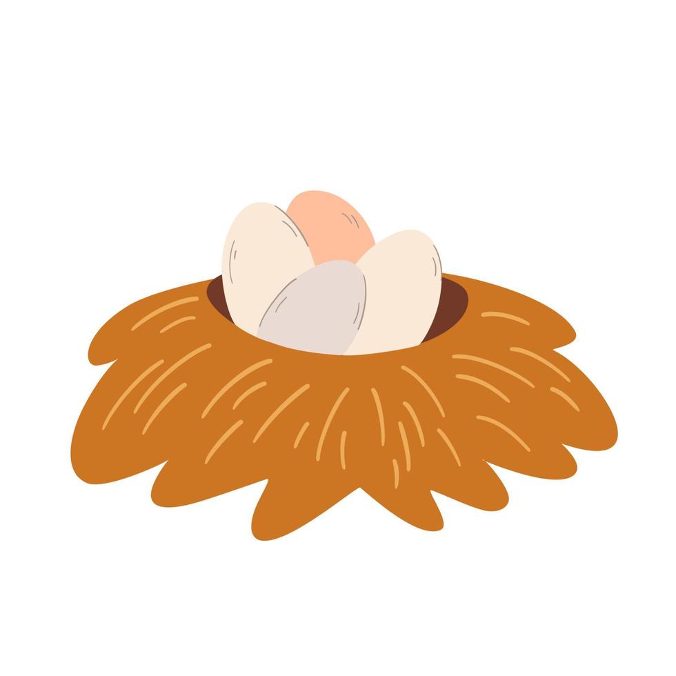 Nest with eggs. Cartoon funny Egg in birds nest of twigs. Happy Easter. Poultry farming theme. Vector cartoon illustration isolated on the white background.