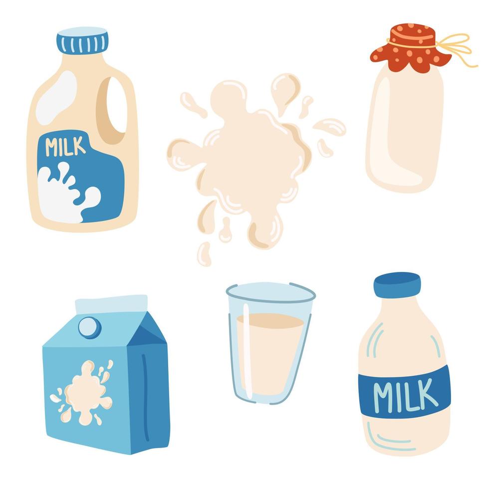 conjunto de leche leche en diferentes envases, vidrio, cartón, botella, aislada sobre fondo blanco. bebida saludable ilustración de dibujos animados vectoriales. vector