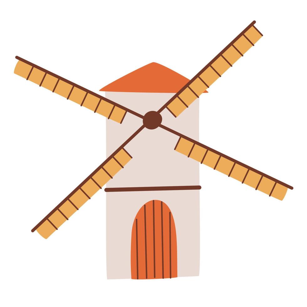 Windmill. Farm. Milestones for grain or bread processing. Farm building. Vector cartoon illustration isolated on the white background.