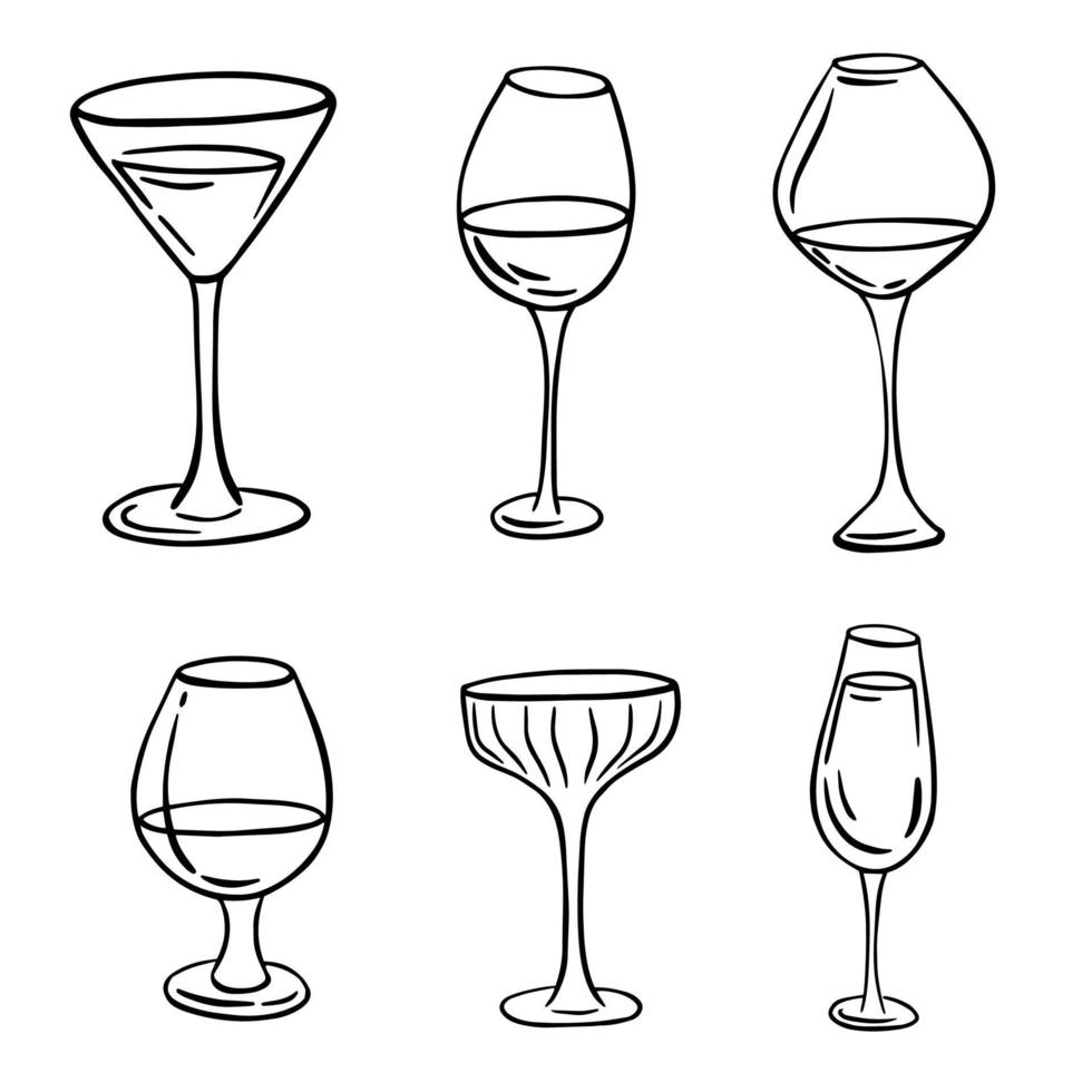 Different glasses hand draw line art. Wine, champagne, cognac and other drinks. Beverage icons for restaurant, menus and printing. Vector cartoon illustration isolated on the white background.