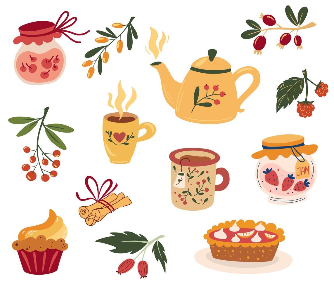 Tea time cute set. Teapot, cups, jam, berries, cinnamon, muffin and pie. Hot drinks. Home comfort. Cozy autumn collection. Vector cartoon illustration isolated on the white background.