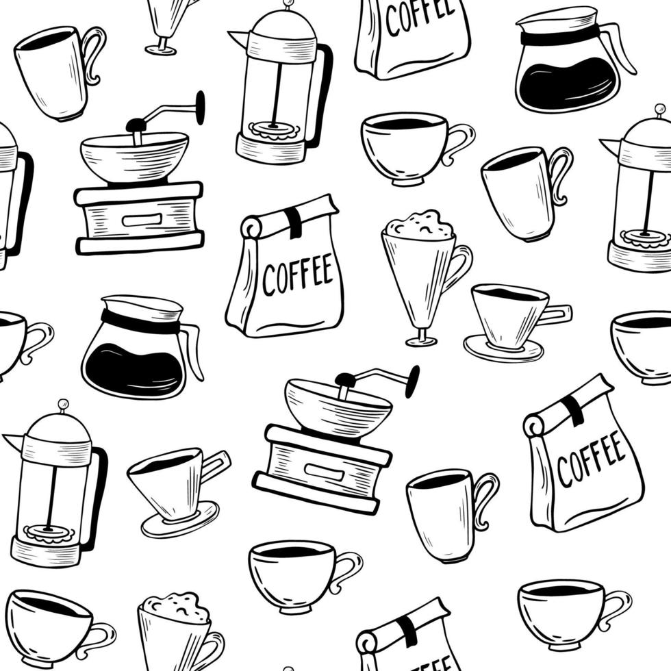 Coffee seamless pattern. Hand drawn background with coffee party Collection. Perfect for packaging, textile, print. Vector cartoon illustration