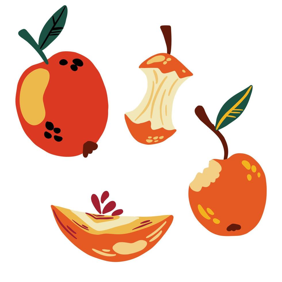 conjunto de manzanas. dibujo aislado de manzanas sobre un fondo blanco, manzanas rojas, rodajas de manzana, rodajas de manzana, rodajas, manzanas cortadas. frutas dulces ilustración de dibujos animados de vectores