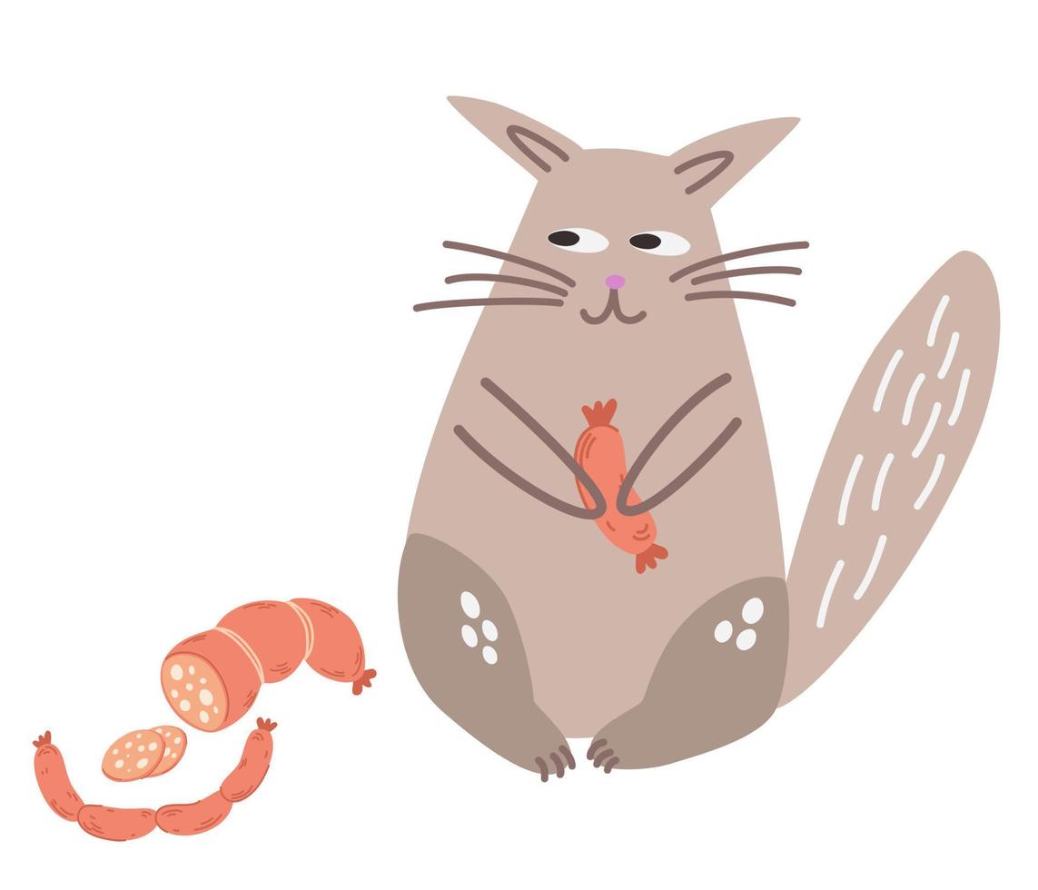 Cat is holding a sausage. Cute cartoon cat want smoked sausage salami. Isolated animal cheerful pet hold food. Perfect for kids design, fabric, packaging, wallpaper, textiles, clothing. Vector