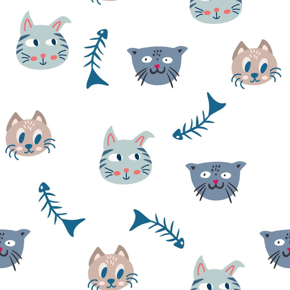 Cats and fish seamless pattern. Cute kitten faces and fish skeleton. Creative nursery background. Perfect for kids design, fabric, packaging, wallpaper, textiles, clothing. Vector cartoon illustration