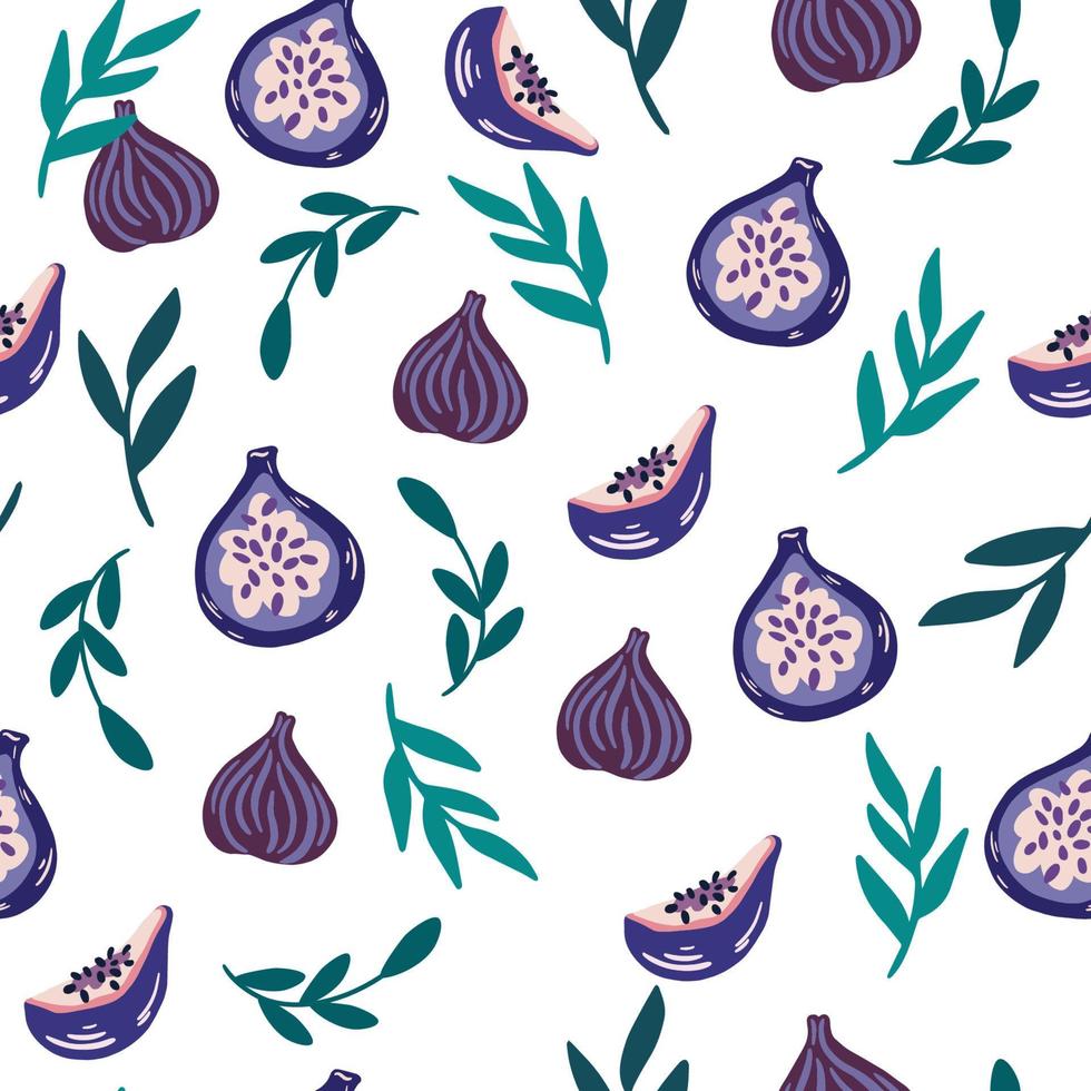 Figs and leaves seamless pattern. Background with exotic fruits in a hand drawn style. Great for fabric, papers, covers, interior decor textile. Vector cartoon illustration