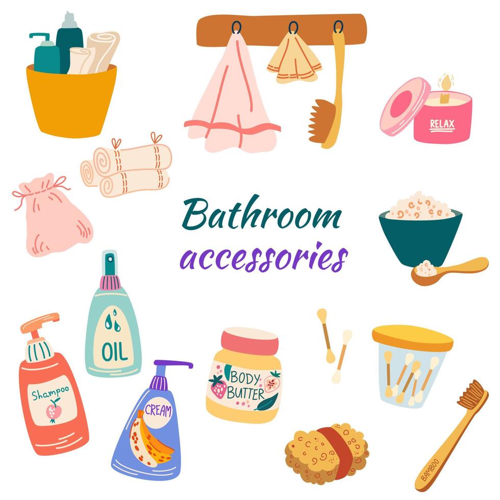 accesorios de baño. toallas, sales de baño, cepillos de dientes y masaje, champú, crema, aceite y velas. artículos para cuidar de ti y de tu cuerpo. ilustración de dibujos animados de vectores