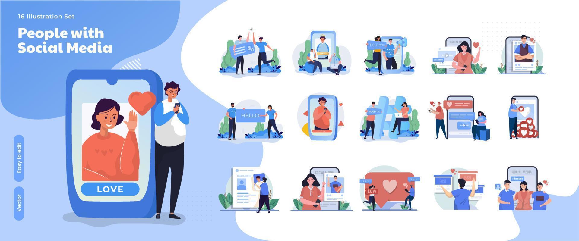 People on social media network on flat illustration collection set vector