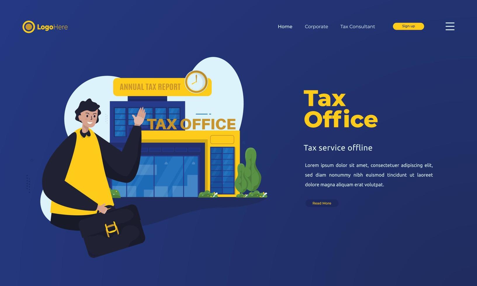 un hombre informa impuestos anuales en el concepto de oficina de servicio de impuestos vector