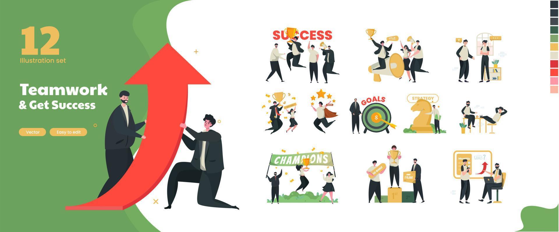 Winning team get success goals illustration set vector