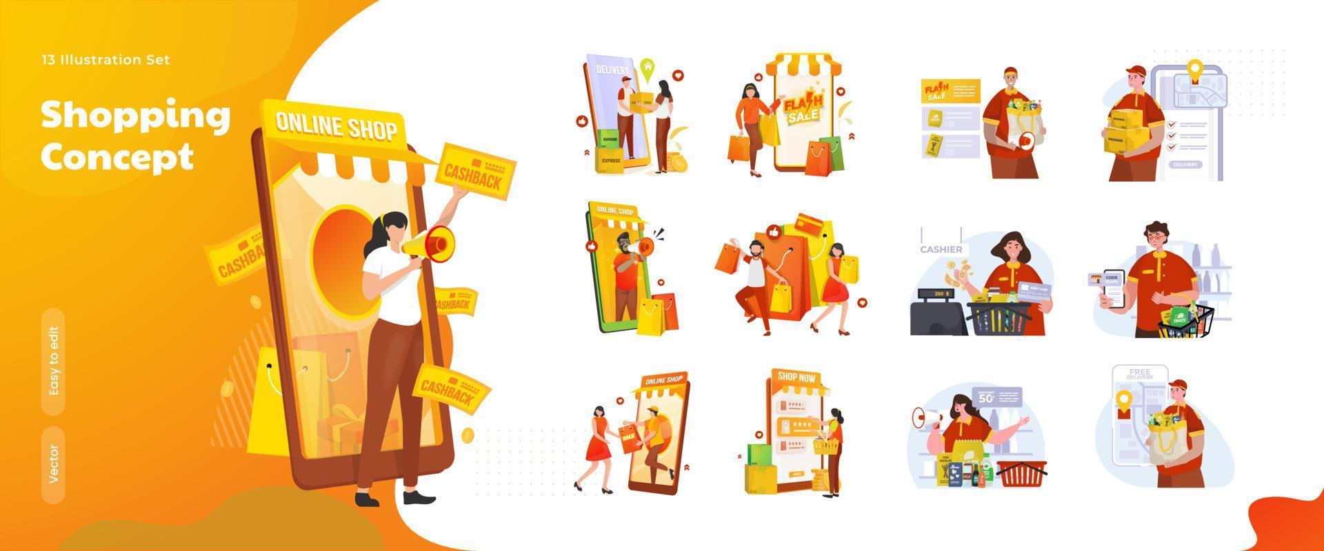 Happy shopping online illustration collection set vector