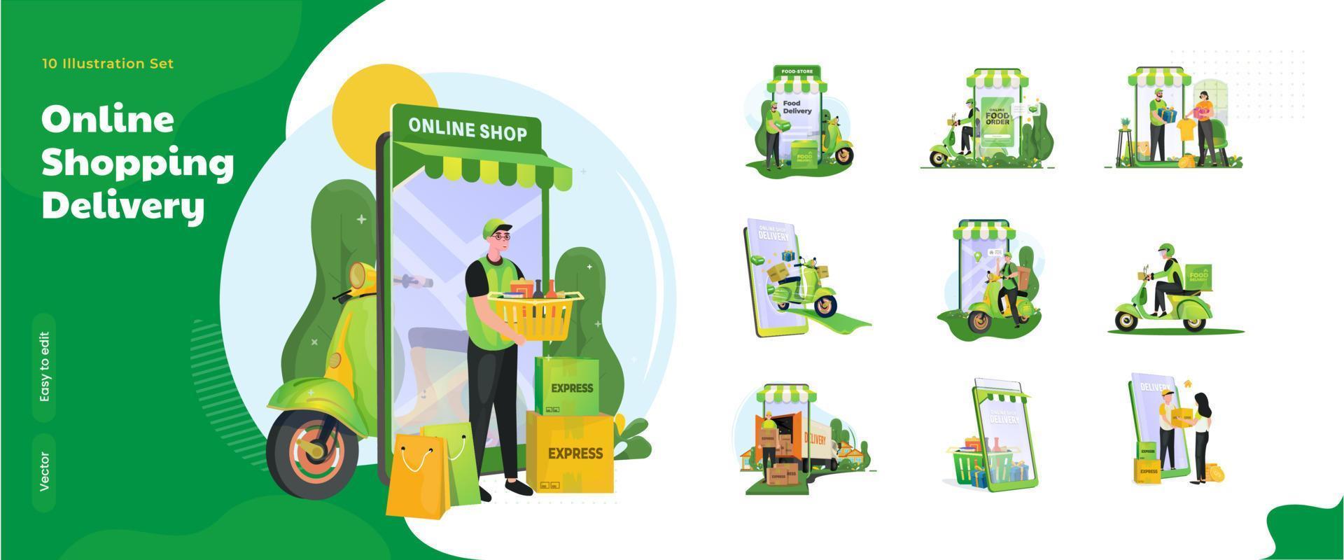 conjunto de colección de ilustración de servicios de entrega de compras en línea vector