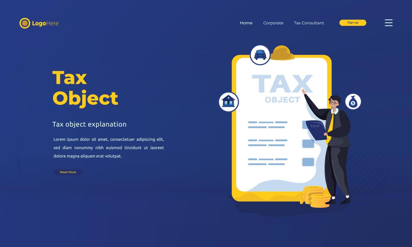 Tax officer with object reported on landing page design vector