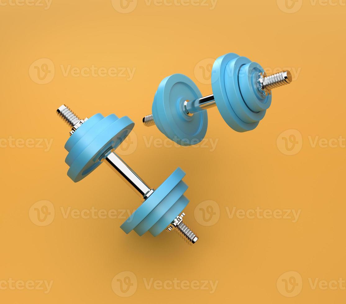 Two dumbbells on yellow background. 3d rendering illustrations. photo