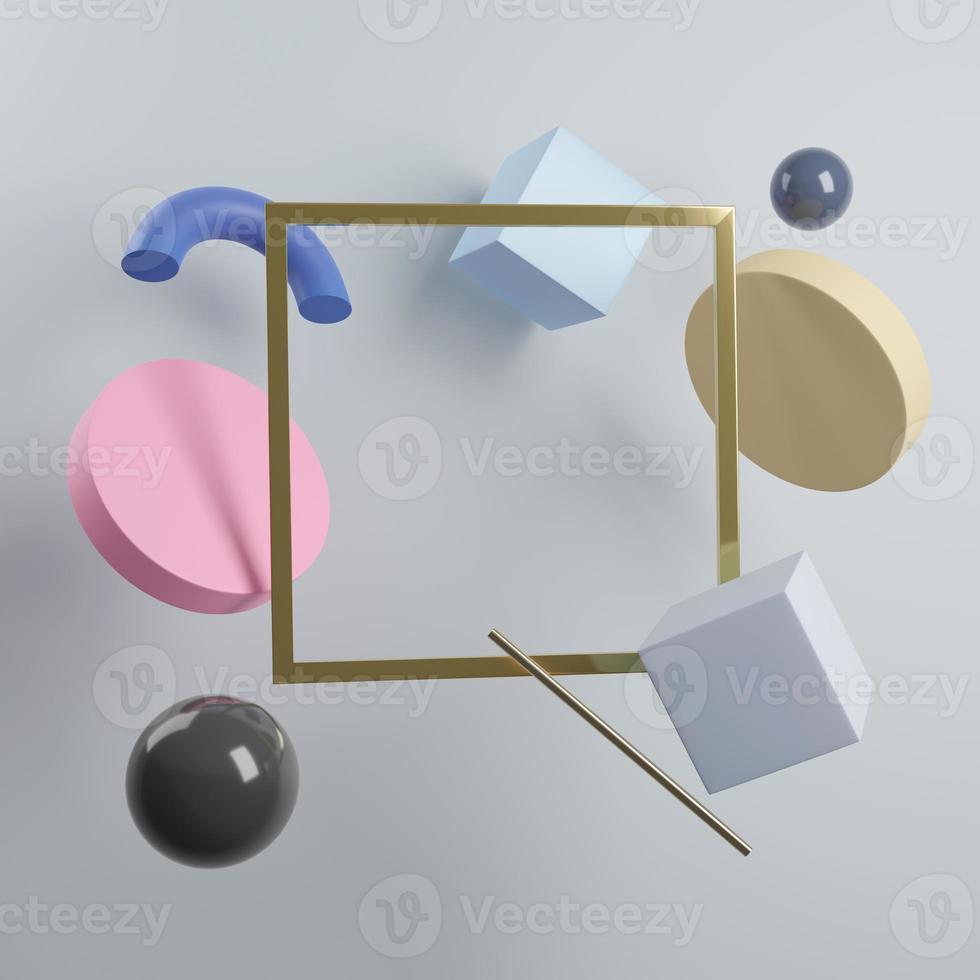 Gold fame with geometry shapes background. 3d render illustrations. photo