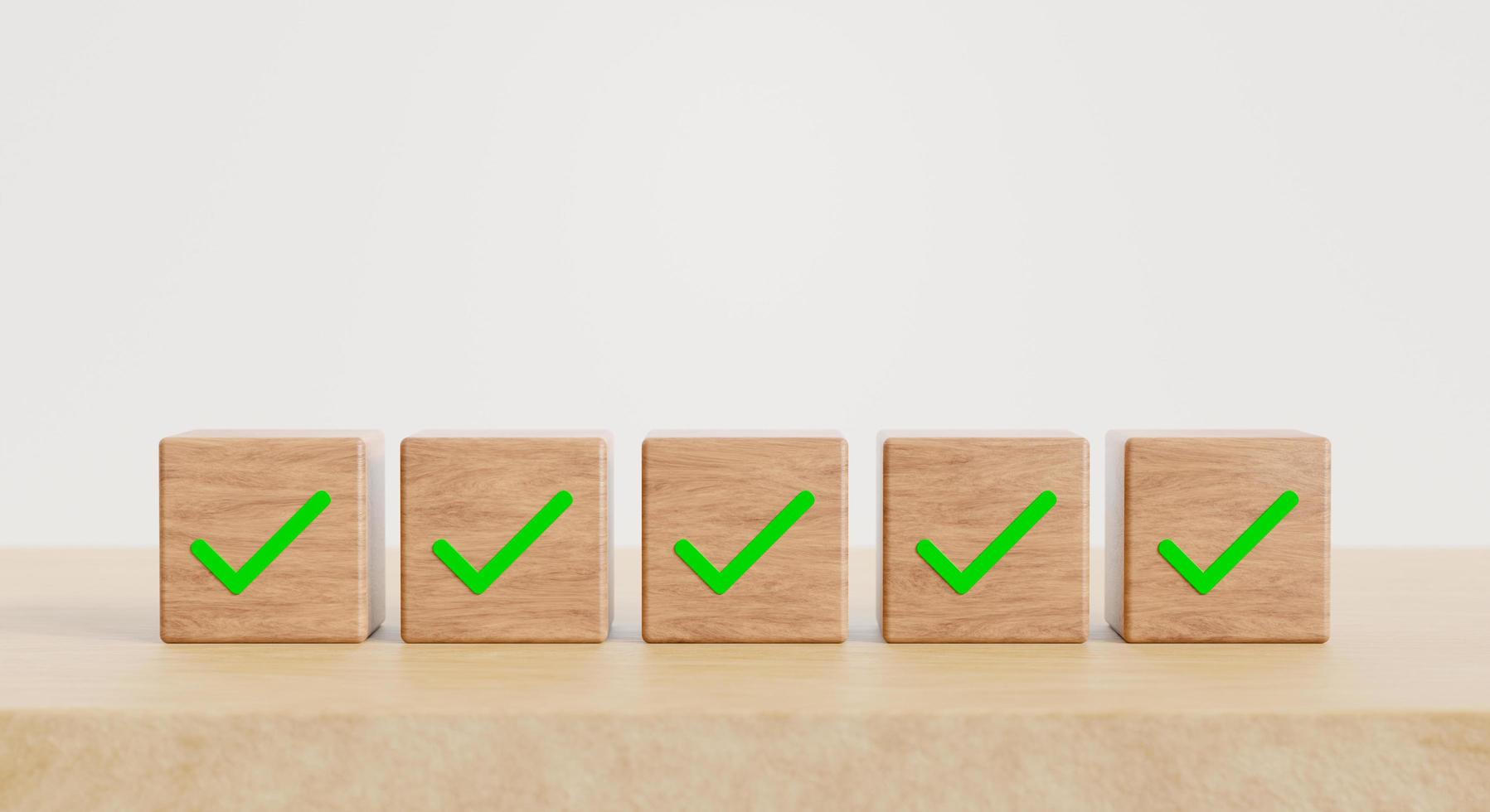 Wood cube with check mark on wooden floor background. business concept, 3D rendering. photo