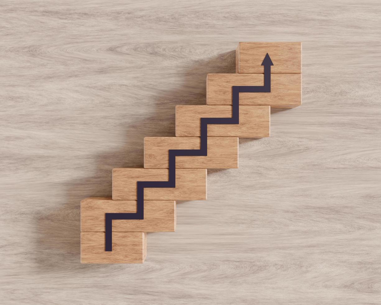 Ladder career path for business growth success process concept, Wood block stacking as step stair on wood background, 3D rendering photo