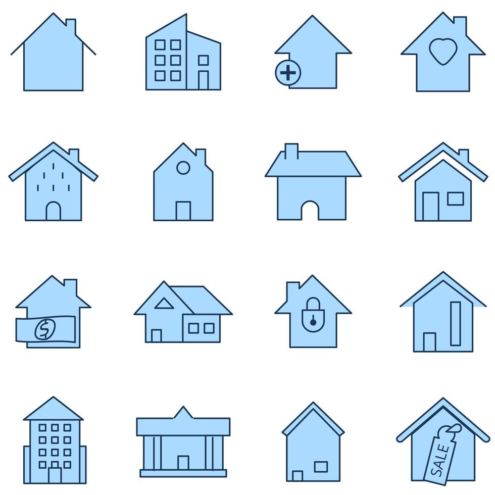 Set of home icon vector illustrator. House blue linear line symbol.