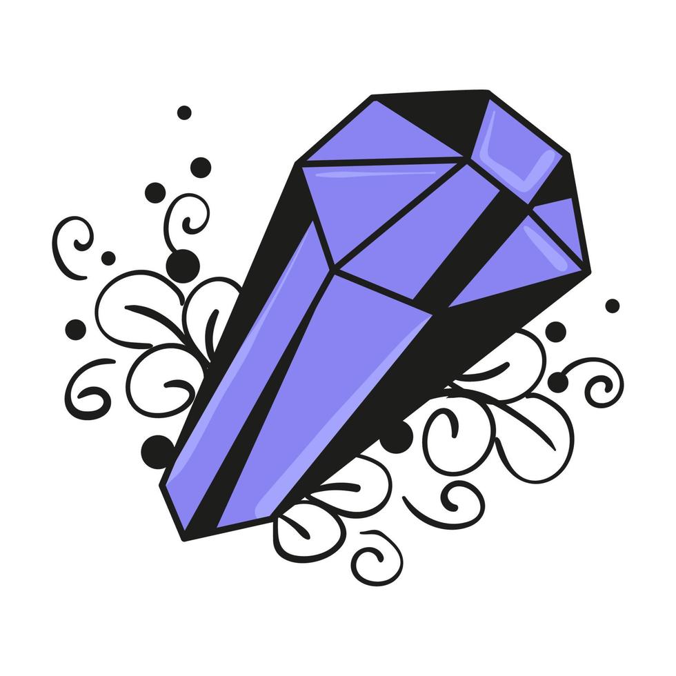 Violet crystal with decorated foliage line art. Flat vector isolated illustration