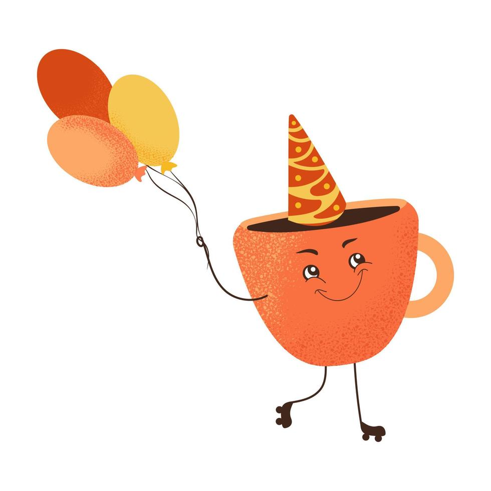 Cute cartoon character mug or cup on rollers with balloons. Isolated vector illustration