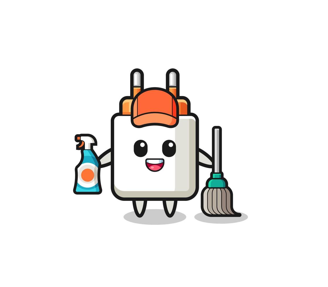 lindo personaje de adaptador de corriente como mascota de los servicios de limpieza vector