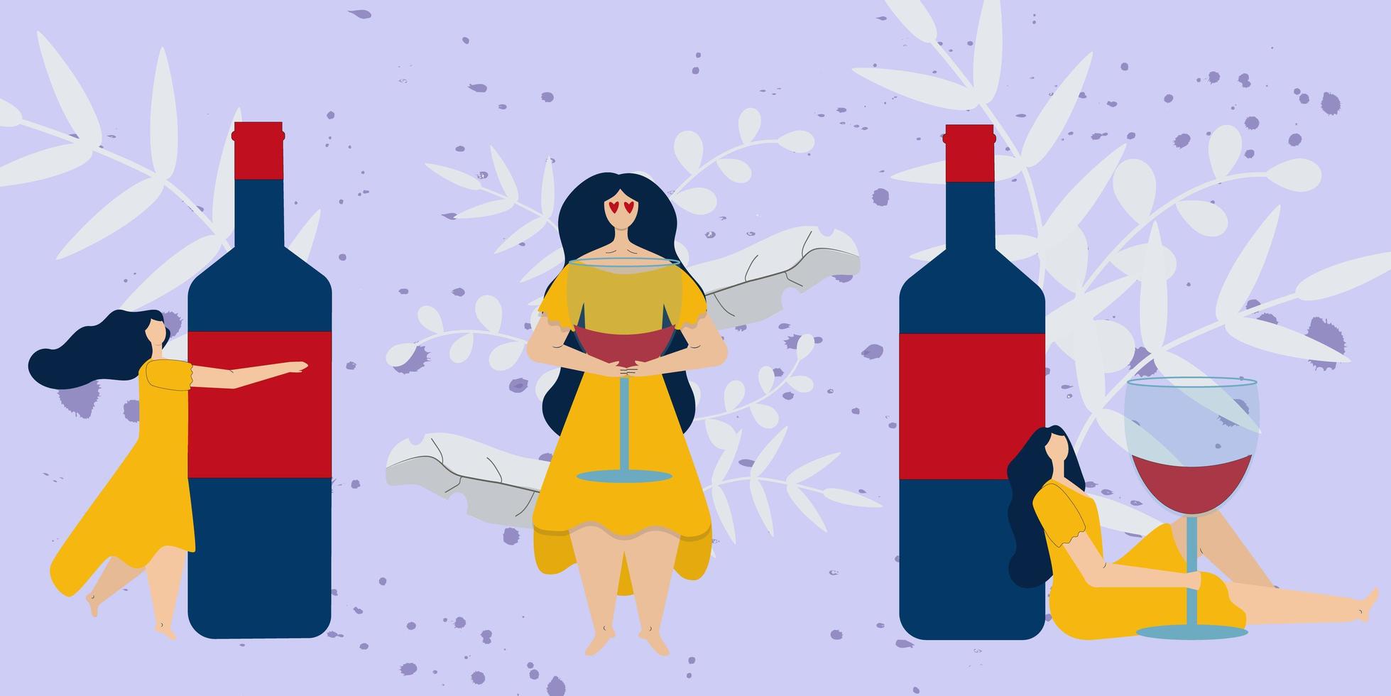 Set with woman with big wine bottle and wine glass. Wine lover vector